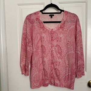 Talbots Beaded Pink Paisley Women's Buttons Top Cardigan 3/4 Sleeve Size XL